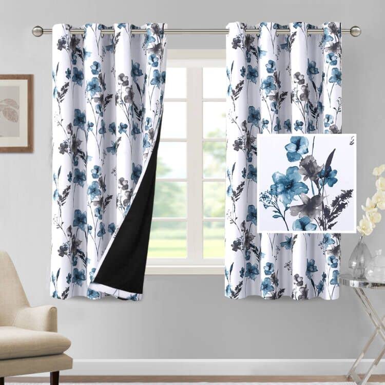 H.VERSAILTEX 100% Blackout Curtains 84 inch Length 2 Panels Set Cattleya Floral Printed Drapes Leah Floral Thermal Curtains for Bedroom with Black Liner Sound Proof Curtains, Grey and Taupe
