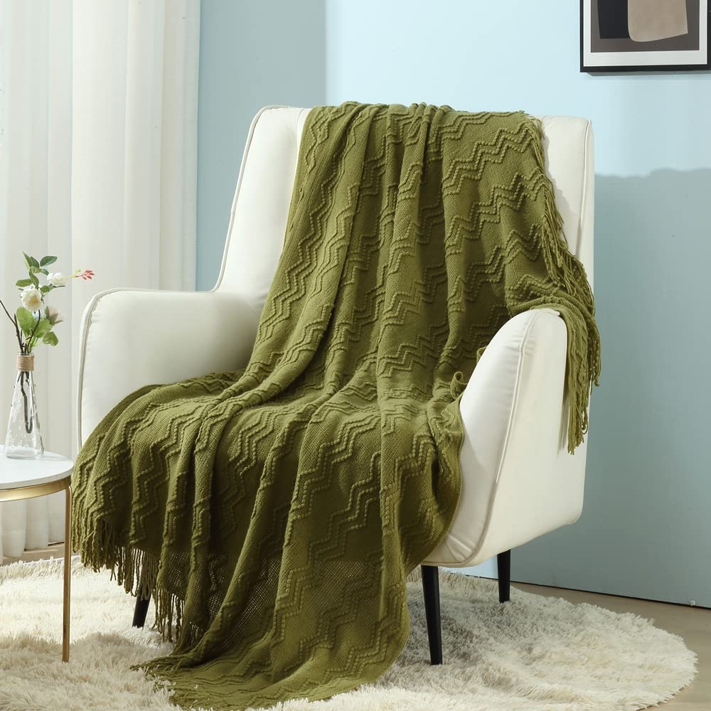 CREVENT Farmhouse Boho Knitted Throw Blanket for Couch Sofa Chair Bed Home Decoration, Soft Warm Cozy Light Weight for Spring Summer Fall (50''X60'' Off White/Ivory/Cream)