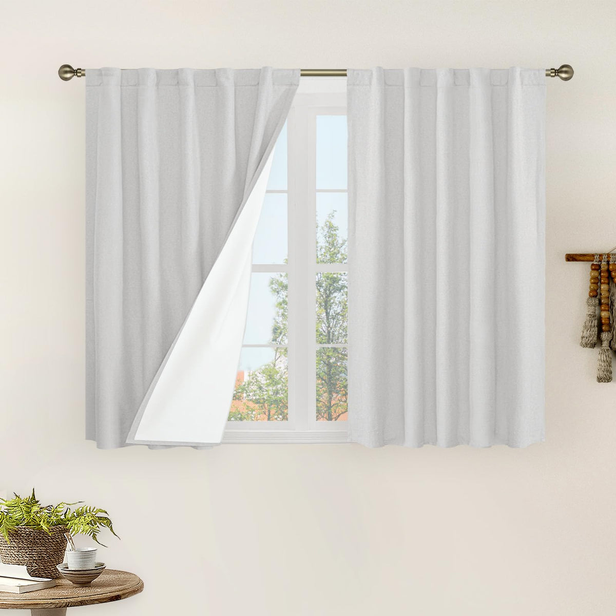 LAMIT 100% Blackout Short Linen Curtains for Cafe 40 Inch Length, Ivory