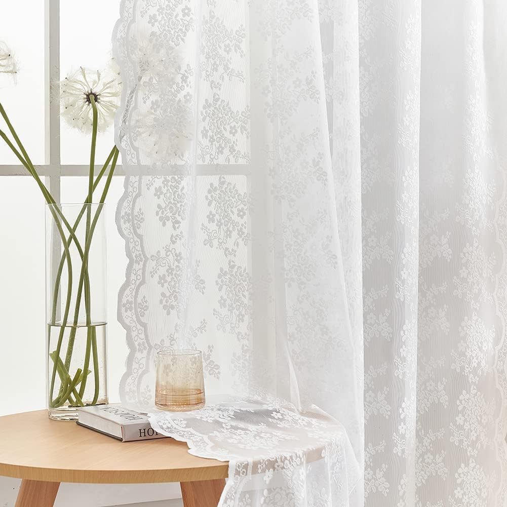 YJ YANJUN Vintage Lace Curtains 84 Inches Long-Victorian Floral Pattern Ivory Sheer Curtain Panels for Living Room Bedroom French Door, Light Filtering Drapes, 2 Panels 52W x 84L Cream
