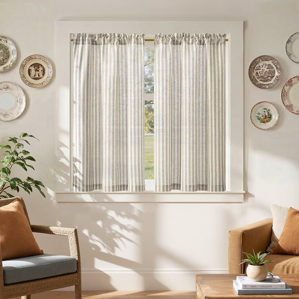 jinchan Striped Linen Kitchen Curtains 36 Inches Length Tier Curtains Farmhouse Modern Cafe Style Small Window Treatments Airy Light Filtering Rod Pocket for Living Room Bathroom 2 Panels Sage Green