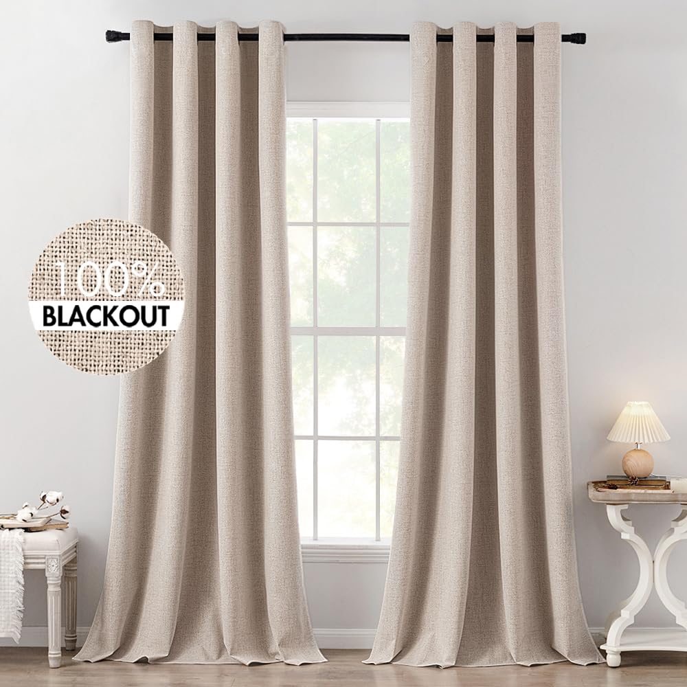 MIULEE 100% Blackout Linen Curtains for Bedroom 52x84 Inches Dusty Blue