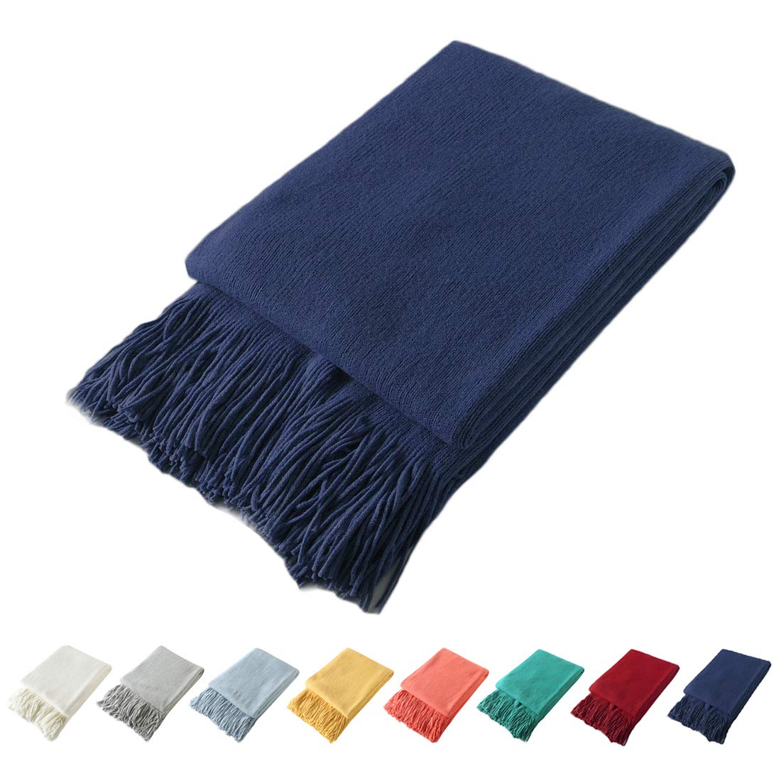 Homiest Pale Blue Knitted Throw Blanket with Fringe, 50x60 Inch
