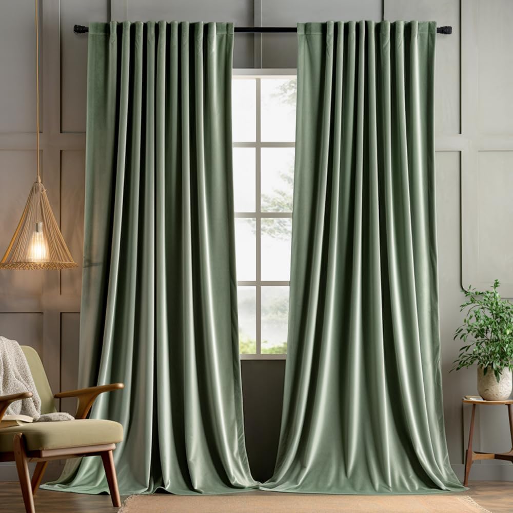 MIULEE Sage Green Velvet Pinch Pleat Blackout Curtains W52 X L108 Inches