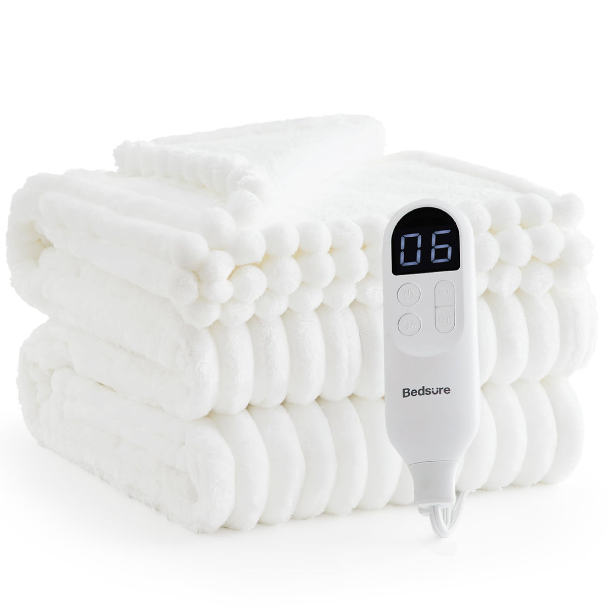 Bedsure Heated Blanket Electric Throw - Thick Striped Fast Heating Electric Blanket with Preheat Function, 6 Heat & 6 Timer (Up to 10H), 8H Auto Off, ETL Certified, Gifts for Women (50"x60", White)