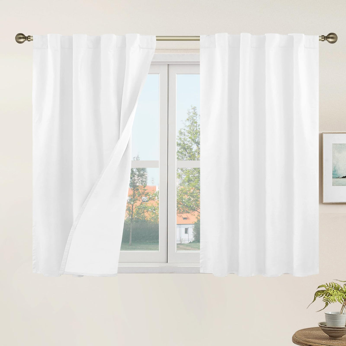 LAMIT 100% Blackout Short Linen Curtains for Cafe 40 Inch Length, Ivory