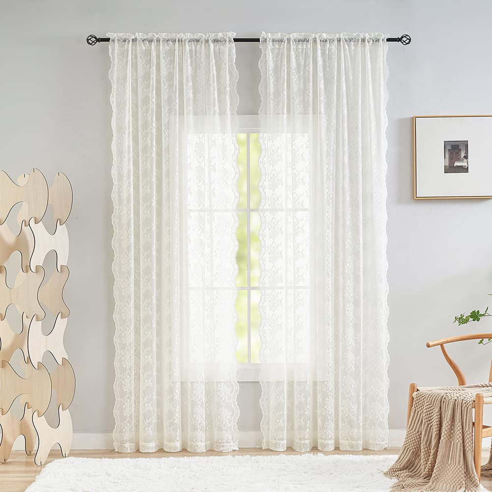 YJ YANJUN Vintage Lace Curtains 84 Inches Long-Victorian Floral Pattern Ivory Sheer Curtain Panels for Living Room Bedroom French Door, Light Filtering Drapes, 2 Panels 52W x 84L Cream