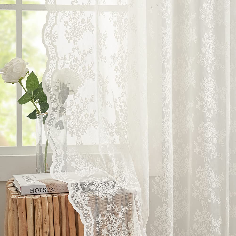 YJ YANJUN Vintage Lace Curtains 84 Inches Long-Victorian Floral Pattern Ivory Sheer Curtain Panels for Living Room Bedroom French Door, Light Filtering Drapes, 2 Panels 52W x 84L Cream