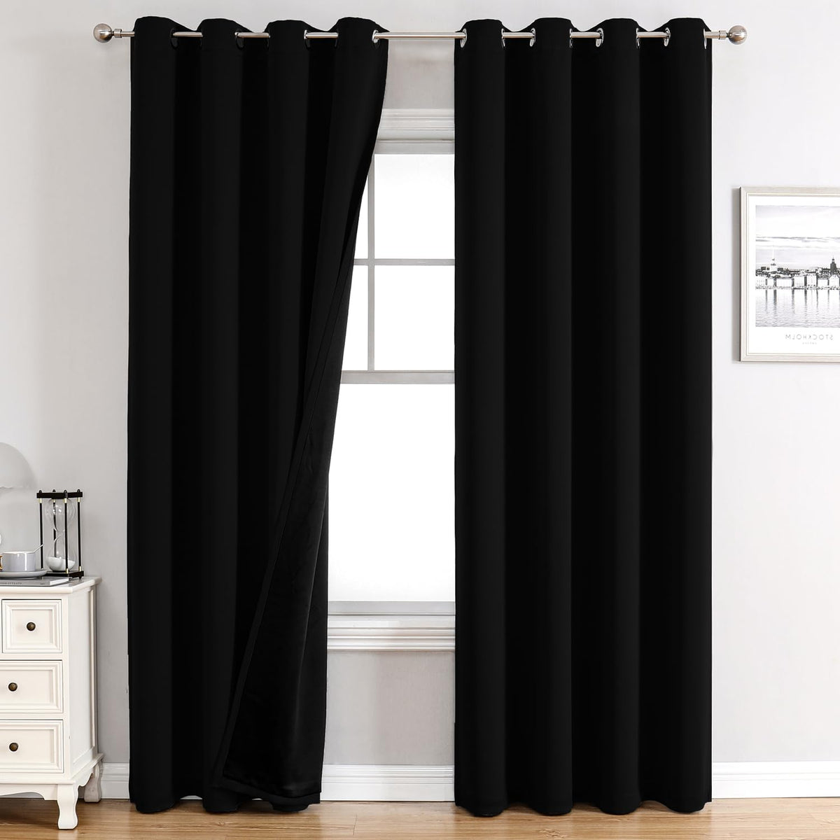 ChrisDowa 100% Blackout Curtains for Bedroom 63 Inch Long with Black Liner