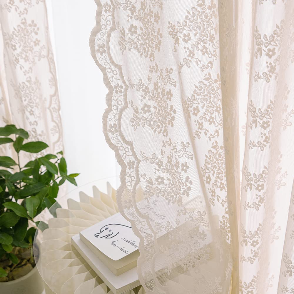 YJ YANJUN Vintage Lace Curtains 84 Inches Long-Victorian Floral Pattern Ivory Sheer Curtain Panels for Living Room Bedroom French Door, Light Filtering Drapes, 2 Panels 52W x 84L Cream