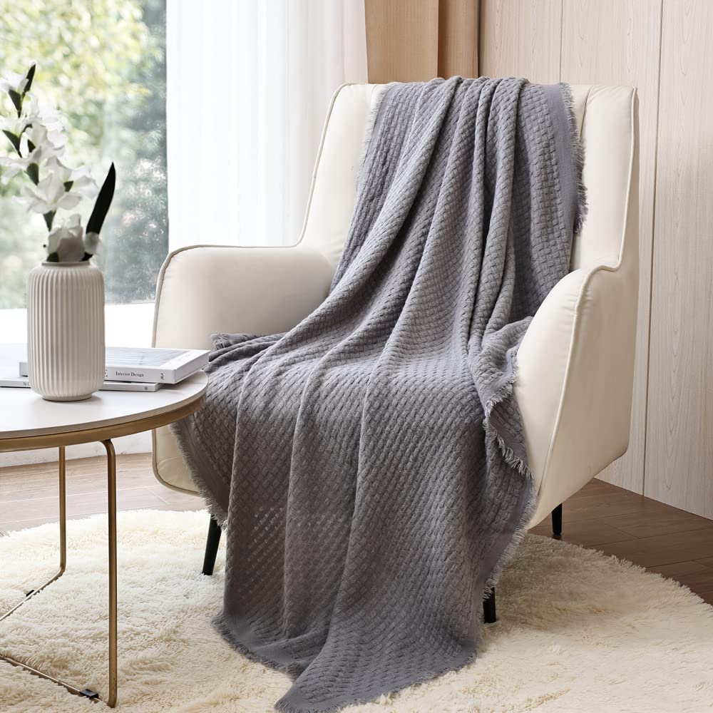 CREVENT Farmhouse Boho Knitted Throw Blanket for Couch Sofa Chair Bed Home Decoration, Soft Warm Cozy Light Weight for Spring Summer Fall (50''X60'' Off White/Ivory/Cream)