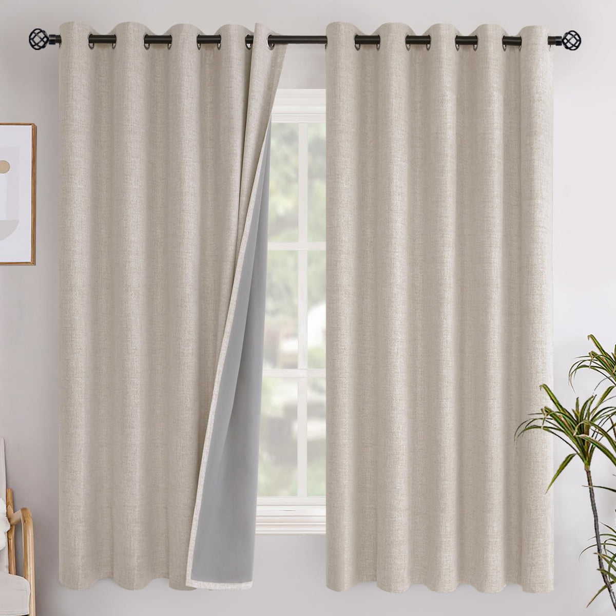 YoungsTex Linen Blackout Curtains 63 Inch Length Bedroom Beige Darkening