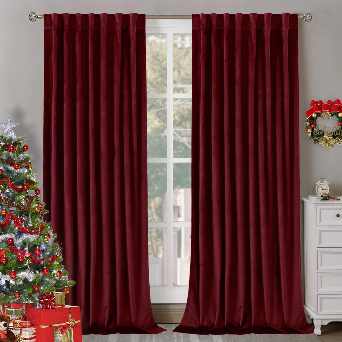 BGment Christmas Red Velvet Curtains 96 Inches for Living Room, Thermal Room Darkening Curtains Sound Reduce Drapes with Back Tab and Rod Pocket for French Door, 2 Panels, 52 x 96 Inch