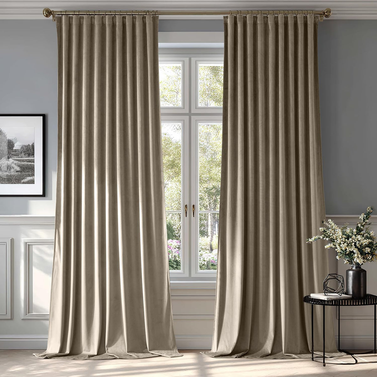 MIULEE Sage Green Velvet Pinch Pleat Blackout Curtains W52 X L108 Inches