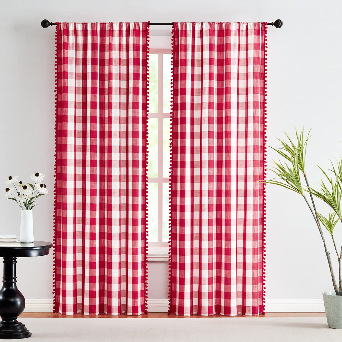 White Black Buffalo Check Curtains with PomPoms 45" SemiSheer Country Plaid