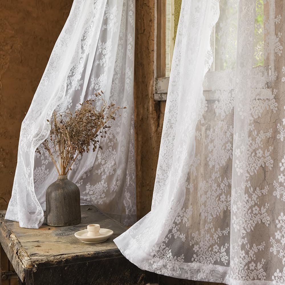 YJ YANJUN Vintage Lace Curtains 84 Inches Long-Victorian Floral Pattern Ivory Sheer Curtain Panels for Living Room Bedroom French Door, Light Filtering Drapes, 2 Panels 52W x 84L Cream