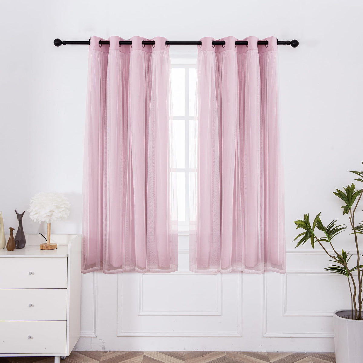 INLINAS Blackout Curtains with Sheer Overlay, Beige, 52x84 Inches