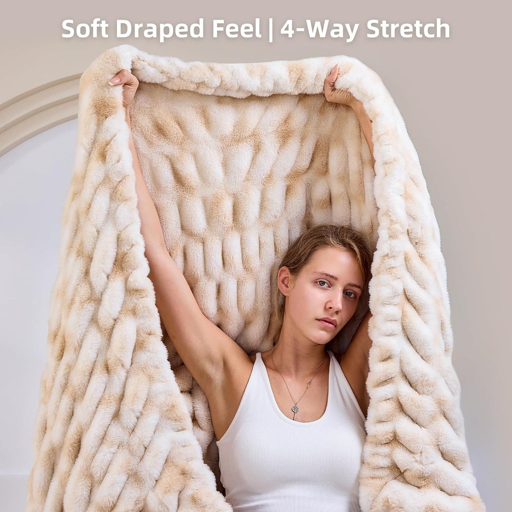 Double Sided Ruched Faux Rabbit Fur Throw Blanket,50x60 CaramelCream