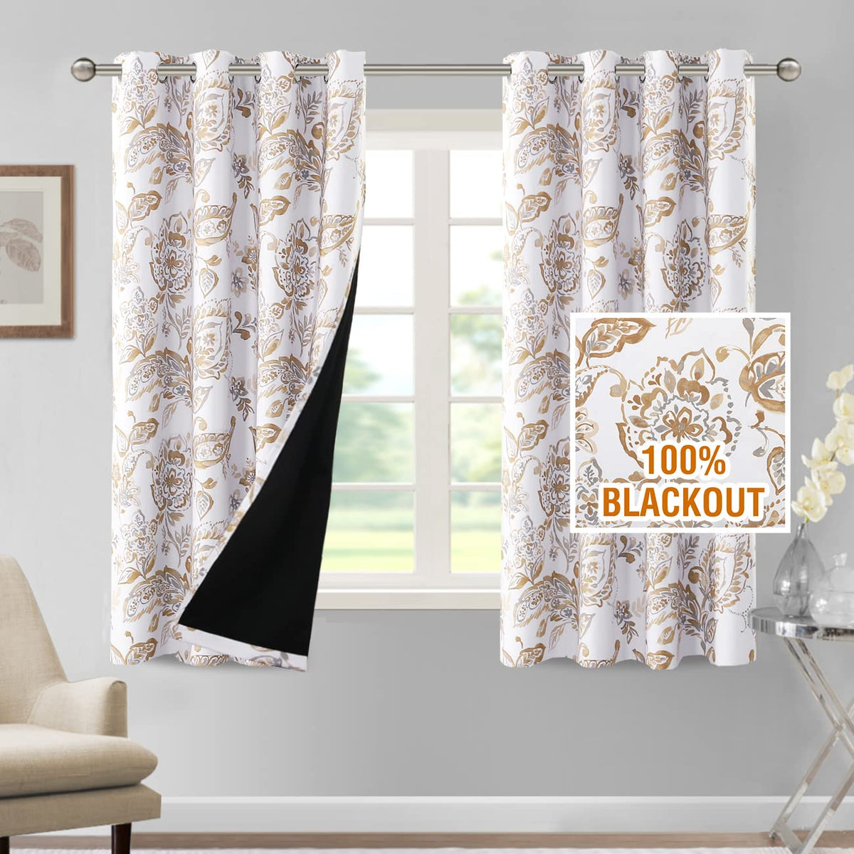 H.VERSAILTEX 100% Blackout Curtains 84 inch Length 2 Panels Set Cattleya Floral Printed Drapes Leah Floral Thermal Curtains for Bedroom with Black Liner Sound Proof Curtains, Grey and Taupe