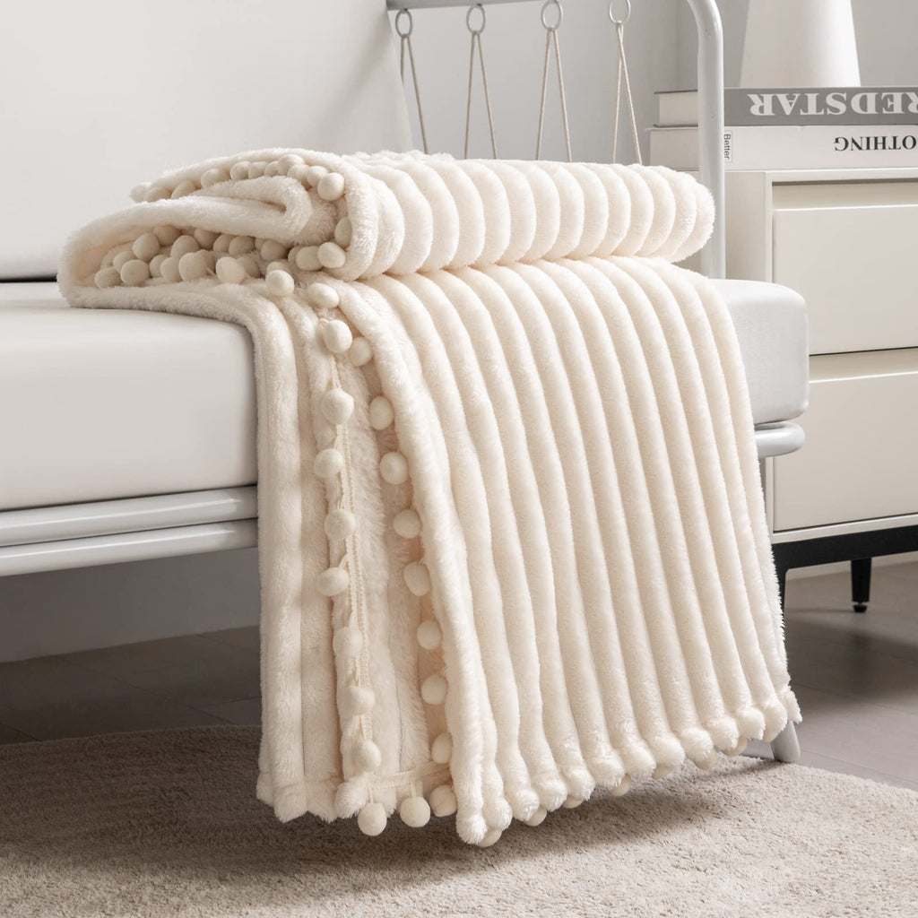 DISSA Fleece Blanket Throw Size – 51x63, Yellow Soft, Plush, Fluffy, Fuzzy, Warm, Cozy Perfect for Couch, Bed, Sofa - with Pompom Fringe Flannel