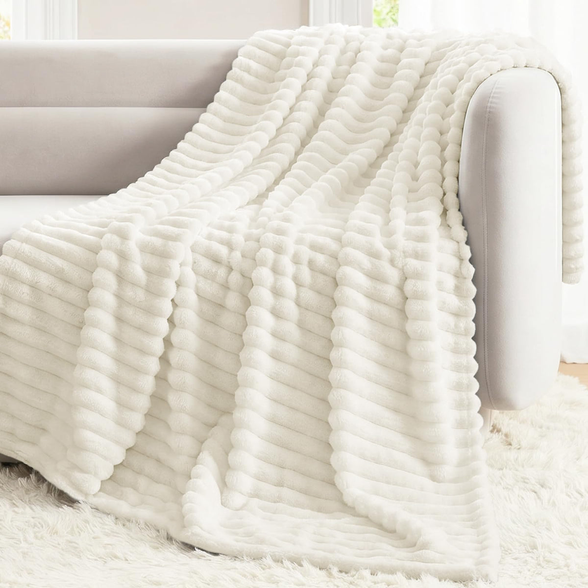 CozyLux Black Throw Blanket for Couch, Ribbed Fleece, 50 x 60 Inch