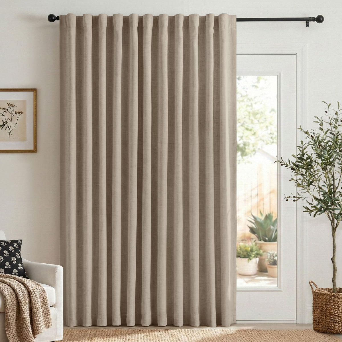 Linen Total Blackout Curtains for Bedroom Living Room 84 Inch, Cream