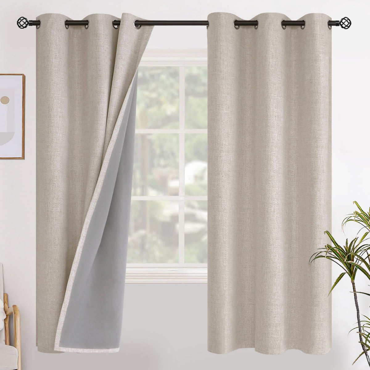 YoungsTex Linen Blackout Curtains 63 Inch Length Bedroom Beige Darkening