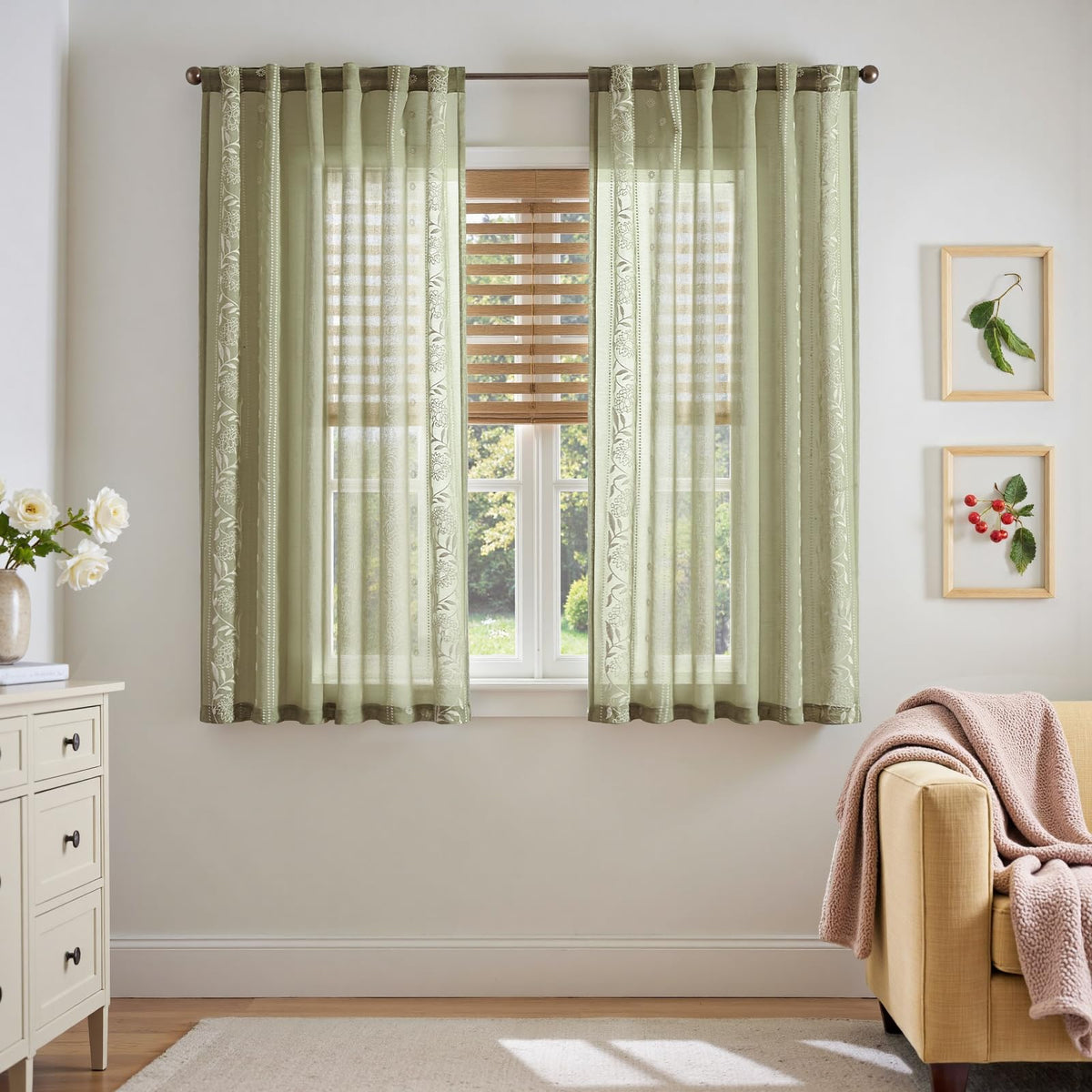 jinchan Sage Floral Linen Curtains for Living Room 84" Back Tab 2 Panels