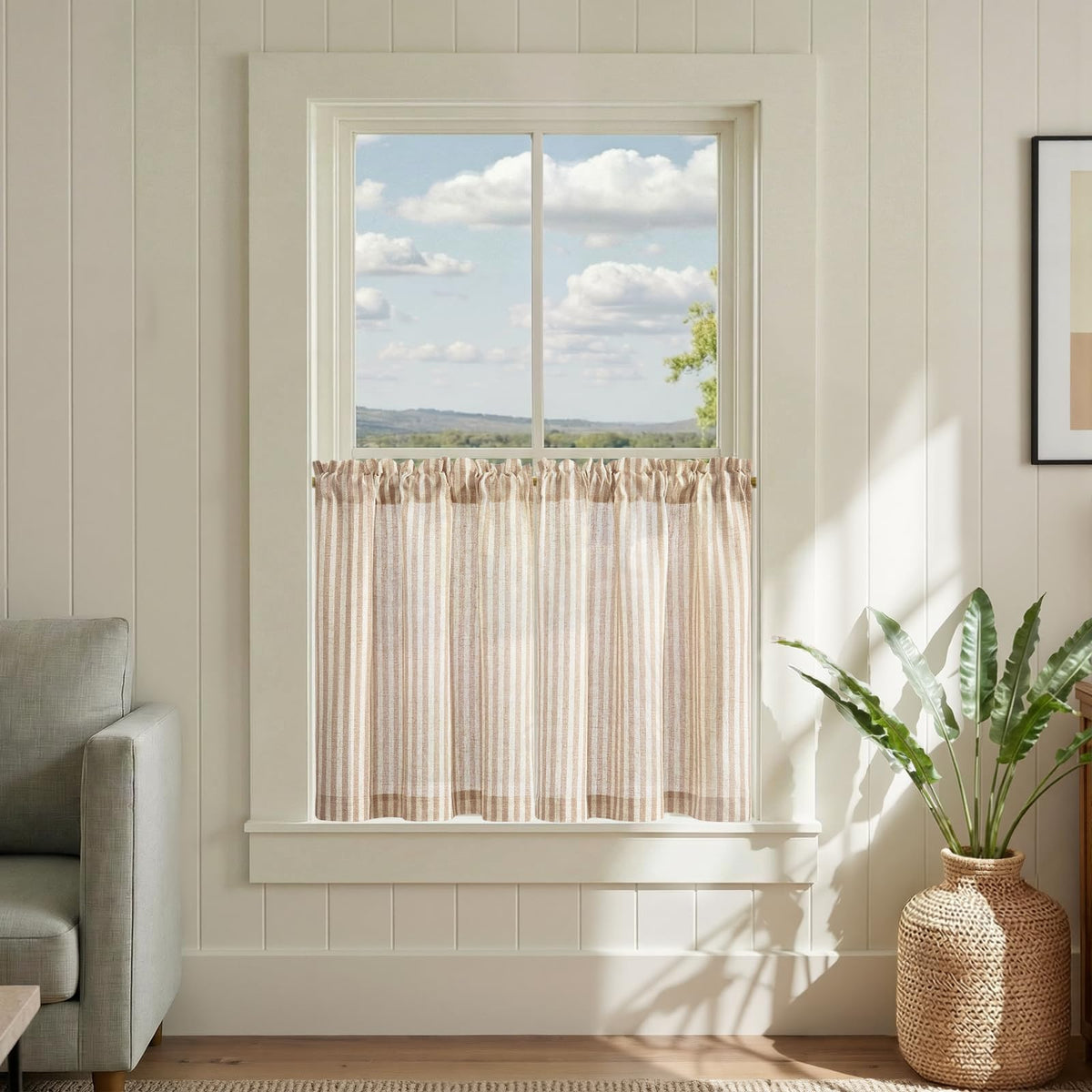 jinchan Striped Linen Kitchen Curtains 36 Inches Length Tier Curtains Farmhouse Modern Cafe Style Small Window Treatments Airy Light Filtering Rod Pocket for Living Room Bathroom 2 Panels Sage Green