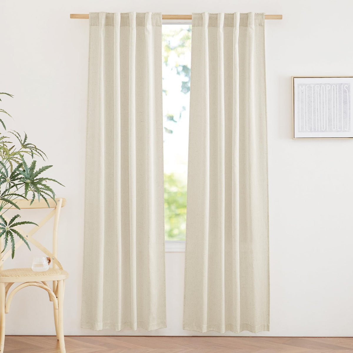 NICETOWN Flax Sheer Linen Curtains for Living Room 95 inch Long 2 Panels, Rod Pocket & Back Tab Semi Sheer Drapes Privacy Added with Light Filtering for Bedroom/Living Room, Natural, W55 x L95