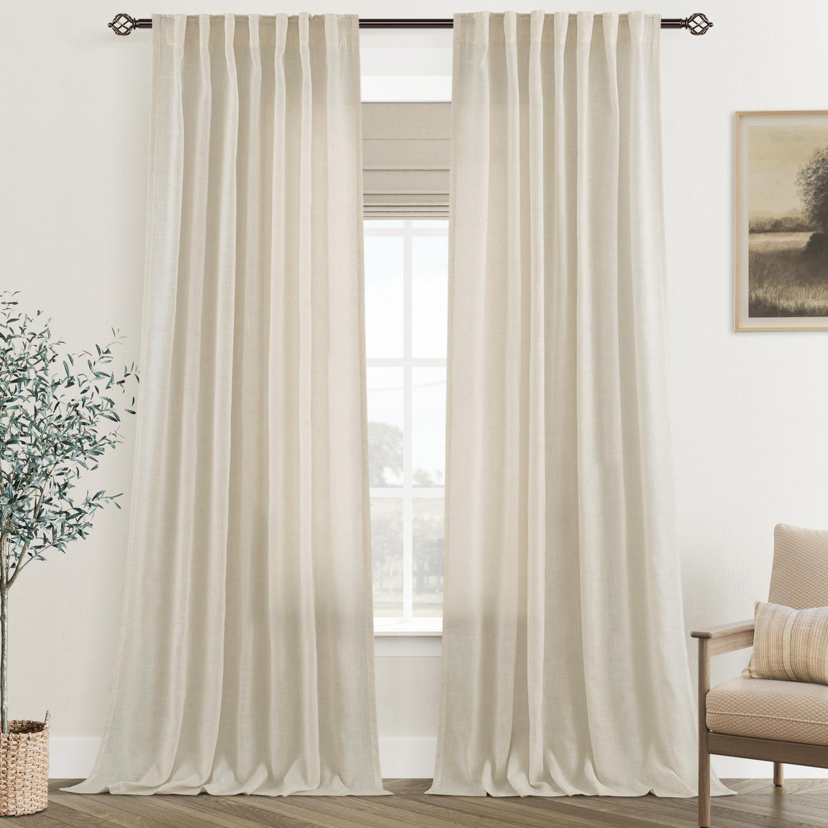 96 inch Long Linen Curtains 2 Panels for Living Room Back Tab Cream Ivory Light Filtering Semi Sheer Curtain 96 inches Long Boho Farmhouse Rustic Linen Drapes Floor to Ceiling Length 8 FT