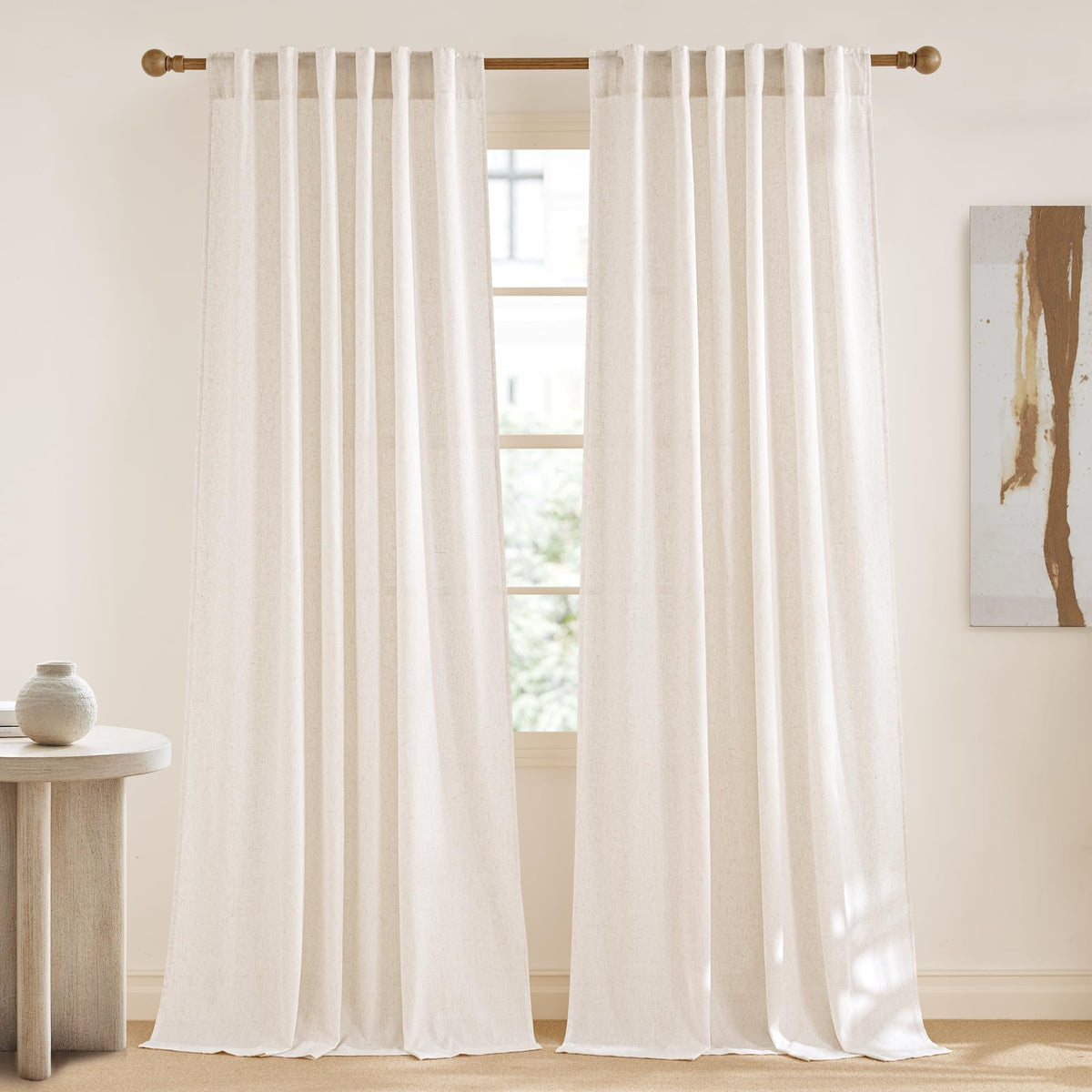 NICETOWN Flax Sheer Linen Curtains for Living Room 95 inch Long 2 Panels, Rod Pocket & Back Tab Semi Sheer Drapes Privacy Added with Light Filtering for Bedroom/Living Room, Natural, W55 x L95