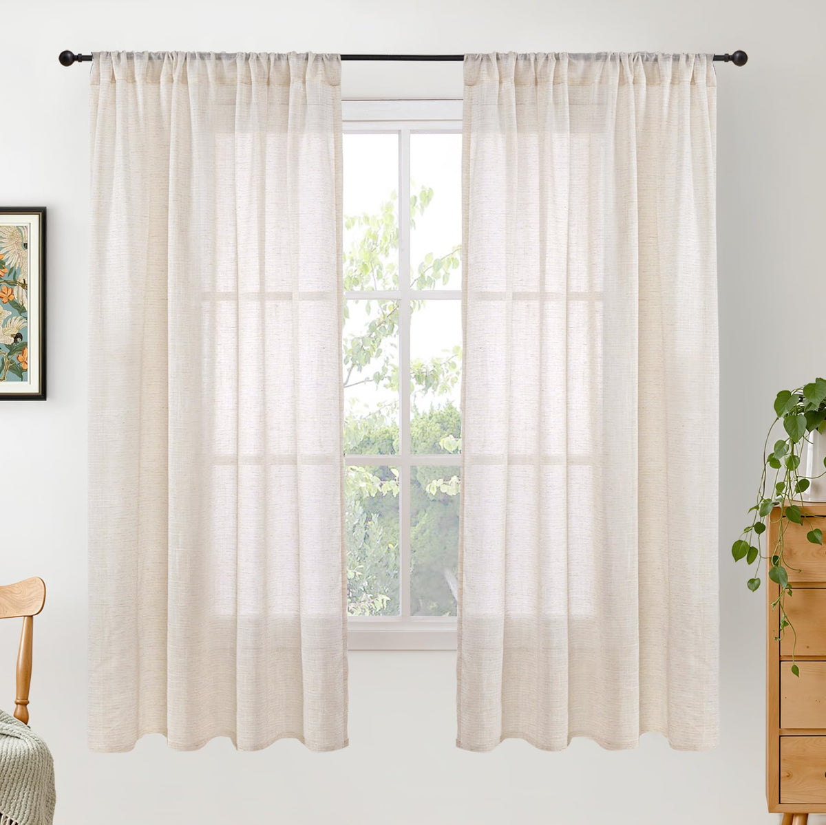 BGment Tan Linen Curtains 84 Inch Length 2 Panels Burlap Semi Sheer Drapes