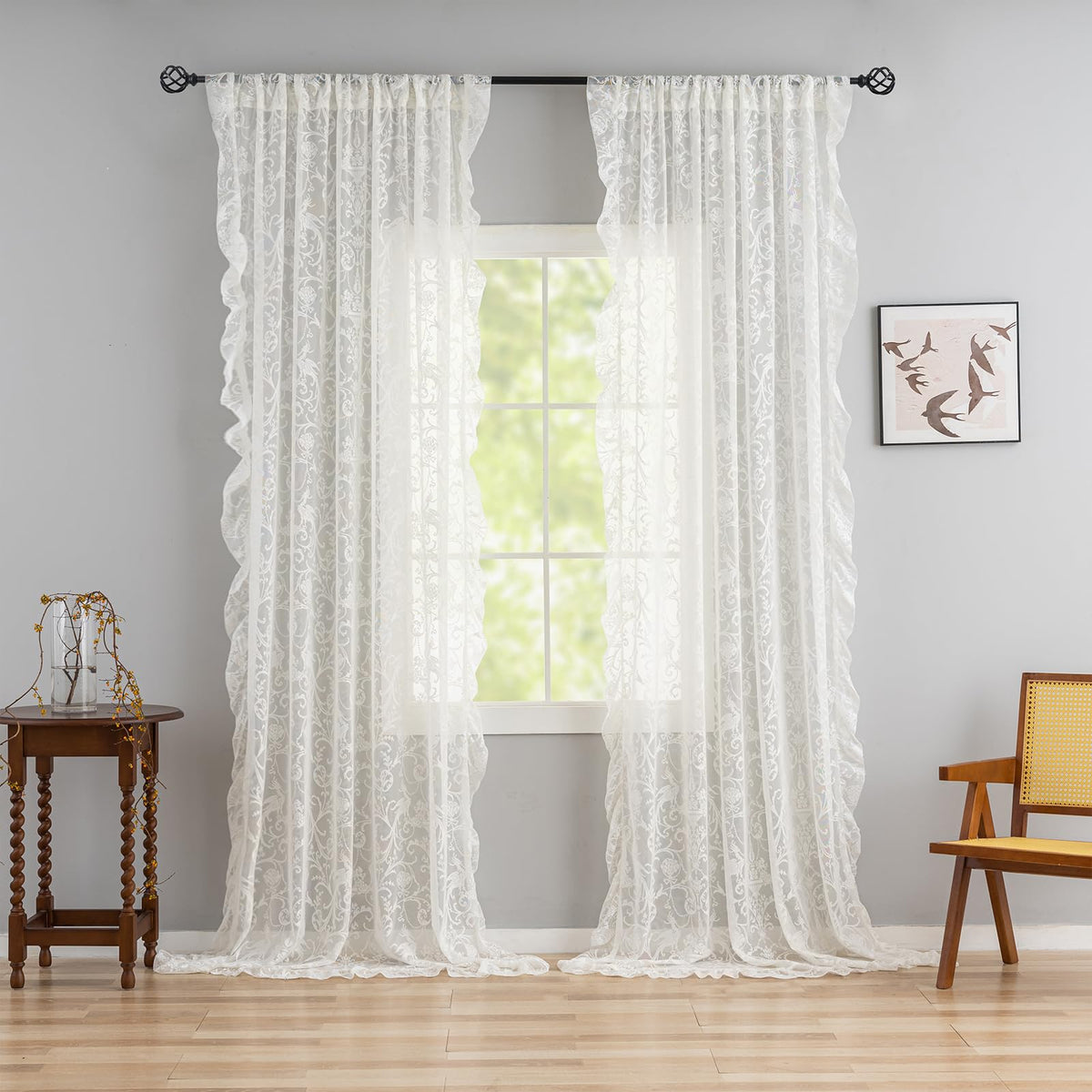 TUDECO Lace Maroon Curtains 96 Inches Long 1 Pair - French Floral Sheer Burgundy Curtains for Living Room, Art Decor Rod Pocket Ruffled Edges Dark Wine Red Drapes, 59 x 96 Inch, Burgundy