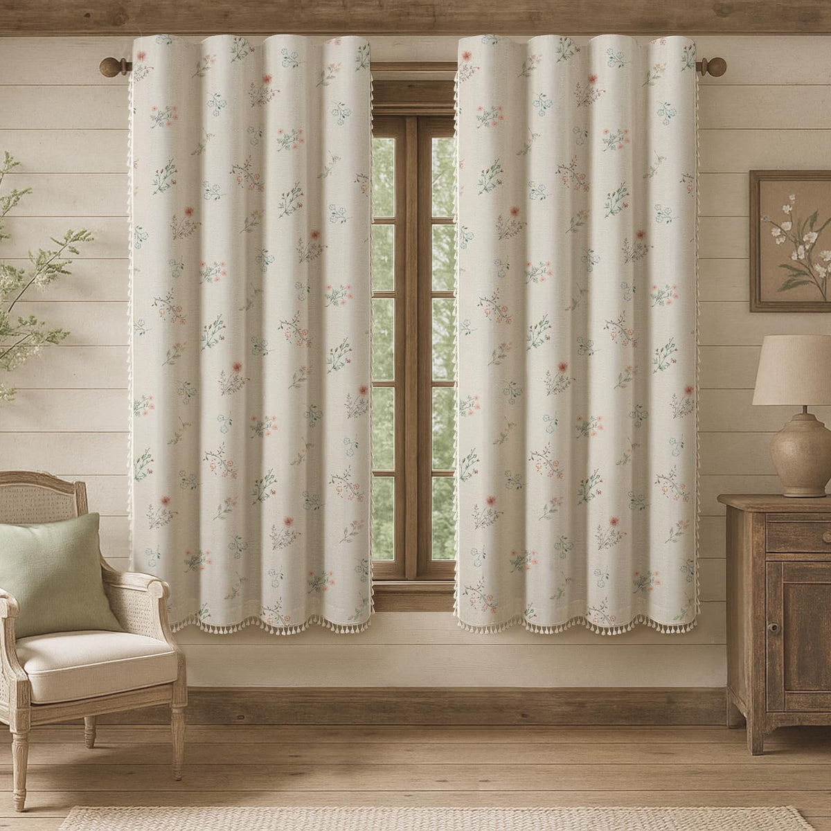 Boho Floral 100% Blackout Curtains 84 Inch 2 Panels Linen Texture