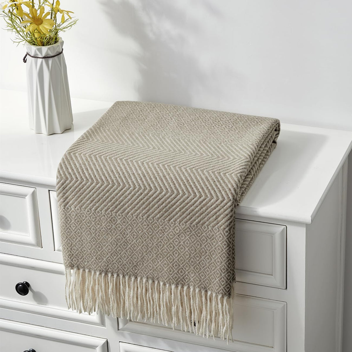 CREVENT Farmhouse Boho Knitted Throw Blanket for Couch Sofa Chair Bed Home Decoration, Soft Warm Cozy Light Weight for Spring Summer Fall (50''X60'' Off White/Ivory/Cream)
