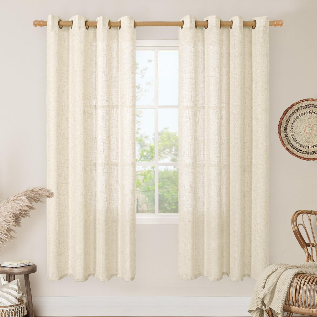 LAMIT Cream Ivory Linen Semi Sheer Curtains 84 inch Length for Bedroom