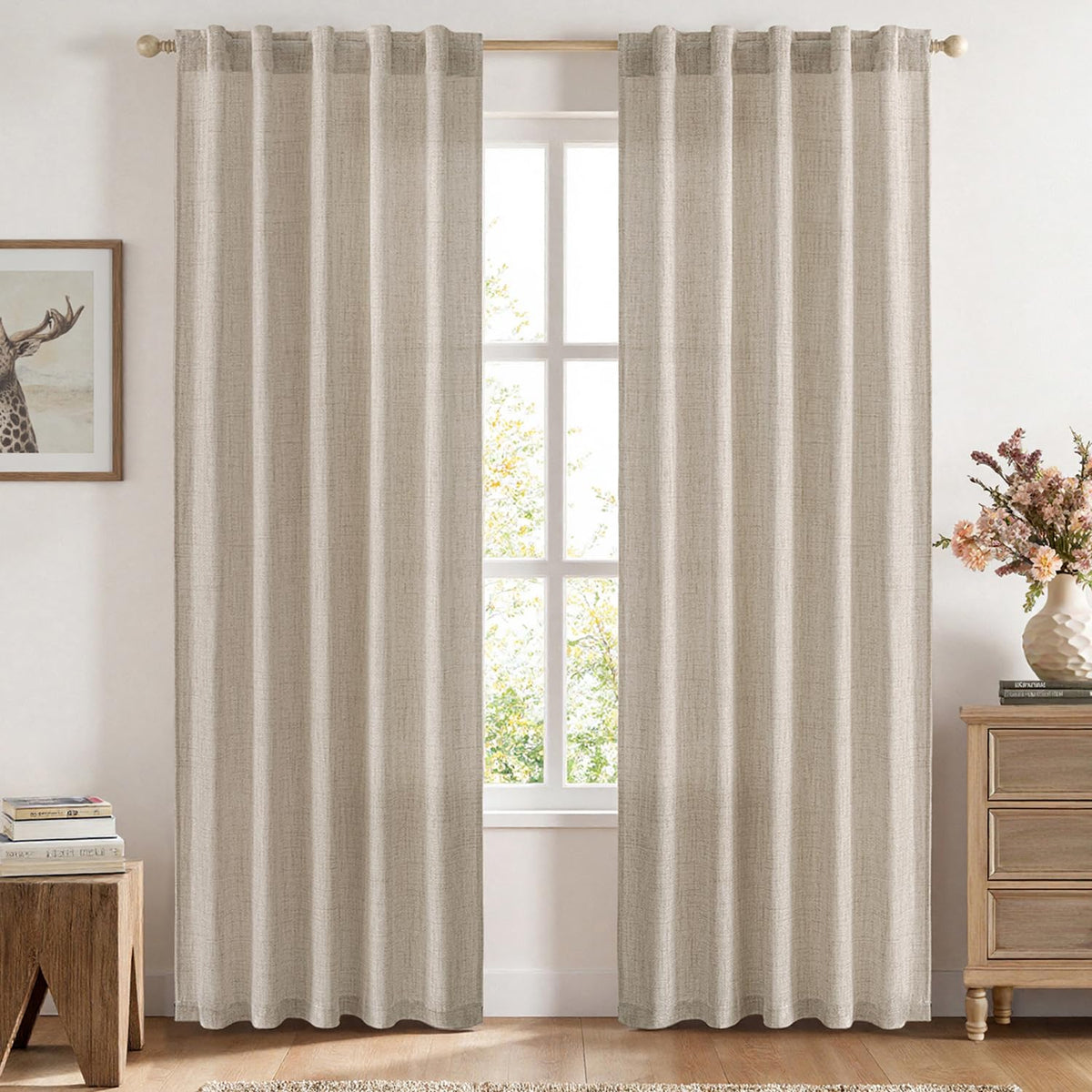 MIULEE Faux Linen Curtains 90 Inch Length 2 Panels Natural Semi Sheer Curtain with Back Tab Rod Pocket, Light Filtering Window Privacy Burlap Drapes for Living Room Bedroom 42W x 90L Linen