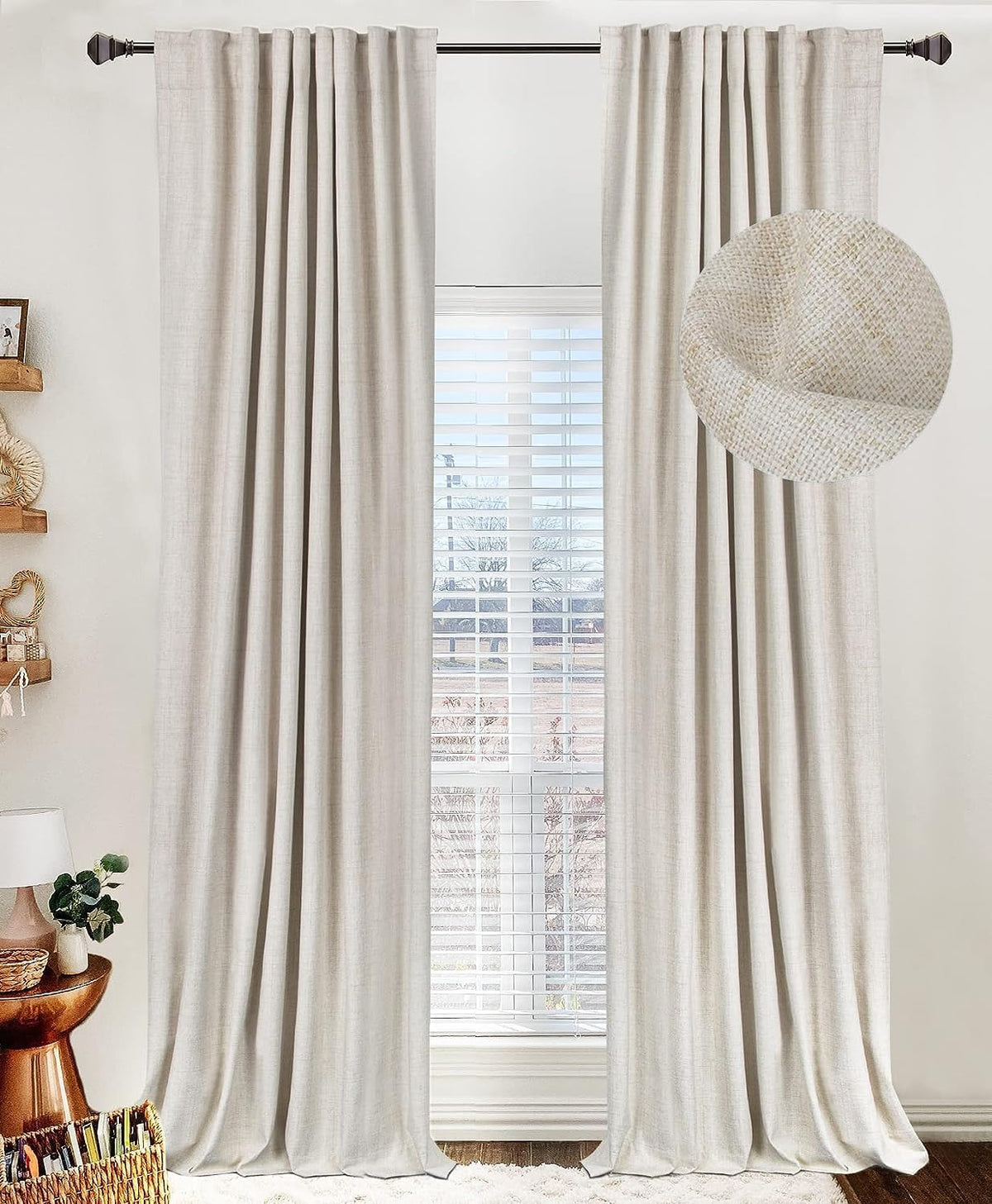 Linen Total Blackout Curtains for Bedroom Living Room 84 Inch, Cream