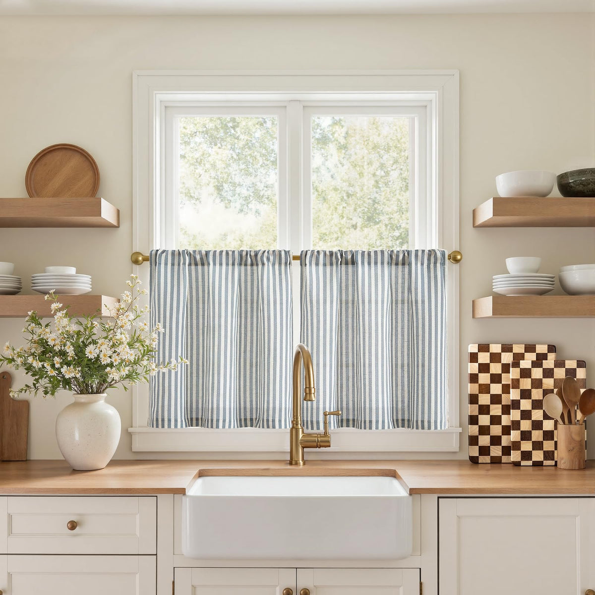 jinchan Striped Linen Kitchen Curtains 36 Inches Length Tier Curtains Farmhouse Modern Cafe Style Small Window Treatments Airy Light Filtering Rod Pocket for Living Room Bathroom 2 Panels Sage Green
