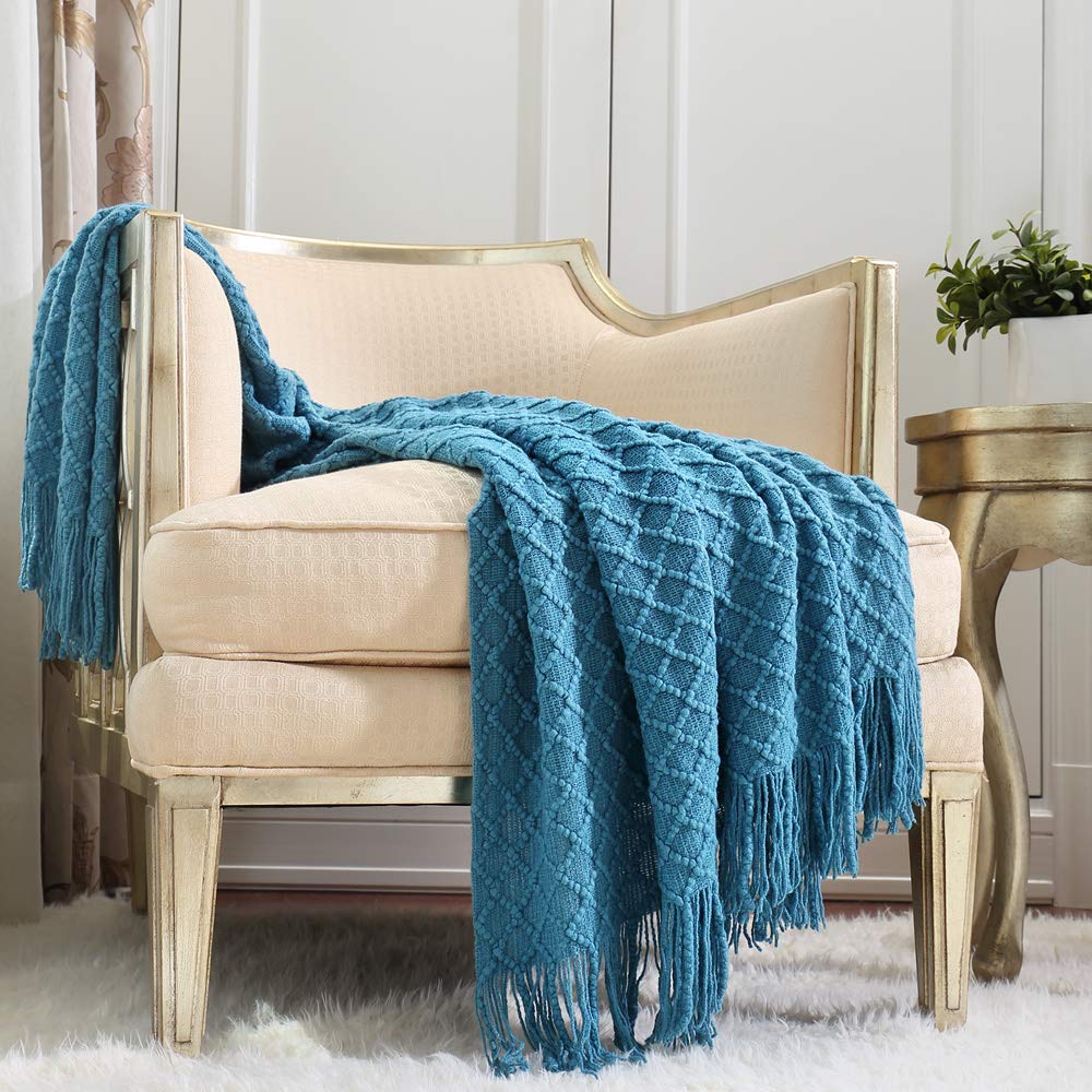 CREVENT Farmhouse Boho Knitted Throw Blanket for Couch Sofa Chair Bed Home Decoration, Soft Warm Cozy Light Weight for Spring Summer Fall (50''X60'' Off White/Ivory/Cream)