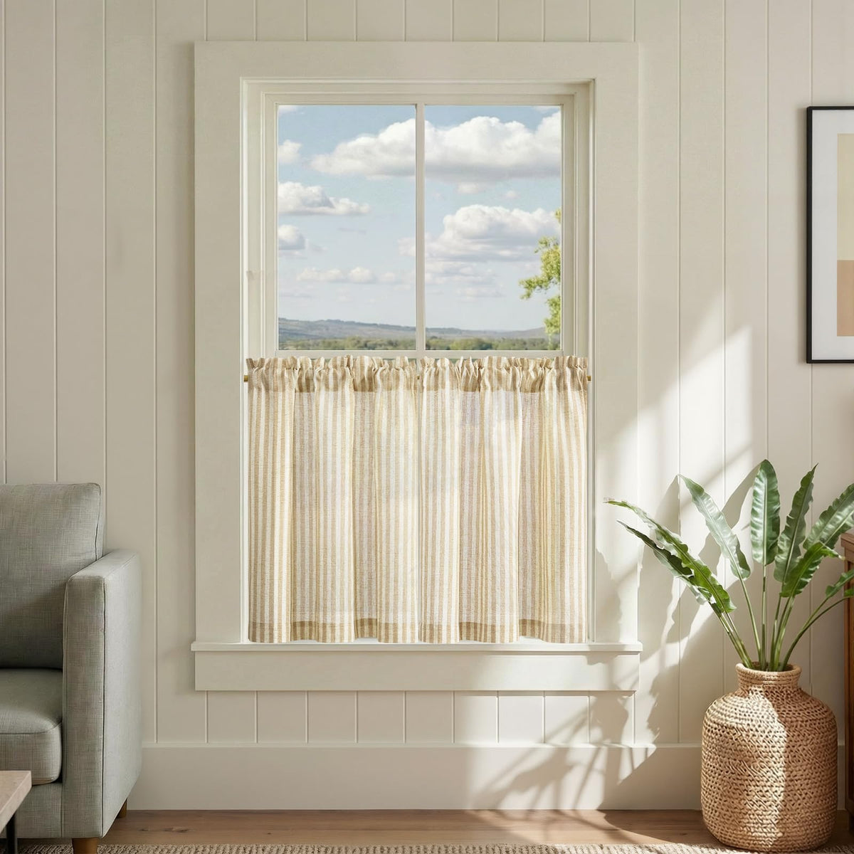 jinchan Striped Linen Kitchen Curtains 36 Inches Length Tier Curtains Farmhouse Modern Cafe Style Small Window Treatments Airy Light Filtering Rod Pocket for Living Room Bathroom 2 Panels Sage Green