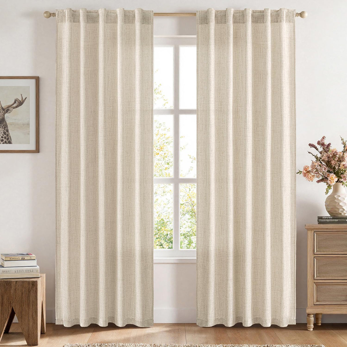 MIULEE Faux Linen Curtains 90 Inch Length 2 Panels Natural Semi Sheer Curtain with Back Tab Rod Pocket, Light Filtering Window Privacy Burlap Drapes for Living Room Bedroom 42W x 90L Linen