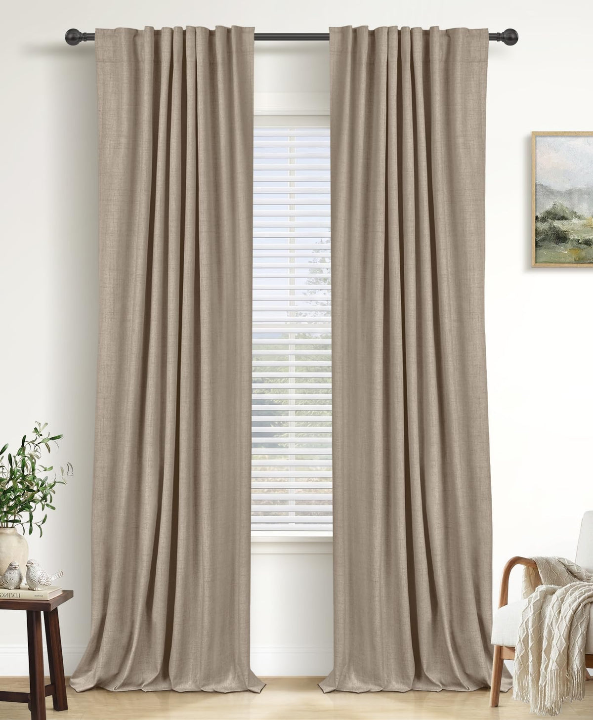 Linen Total Blackout Curtains for Bedroom Living Room 84 Inch, Cream