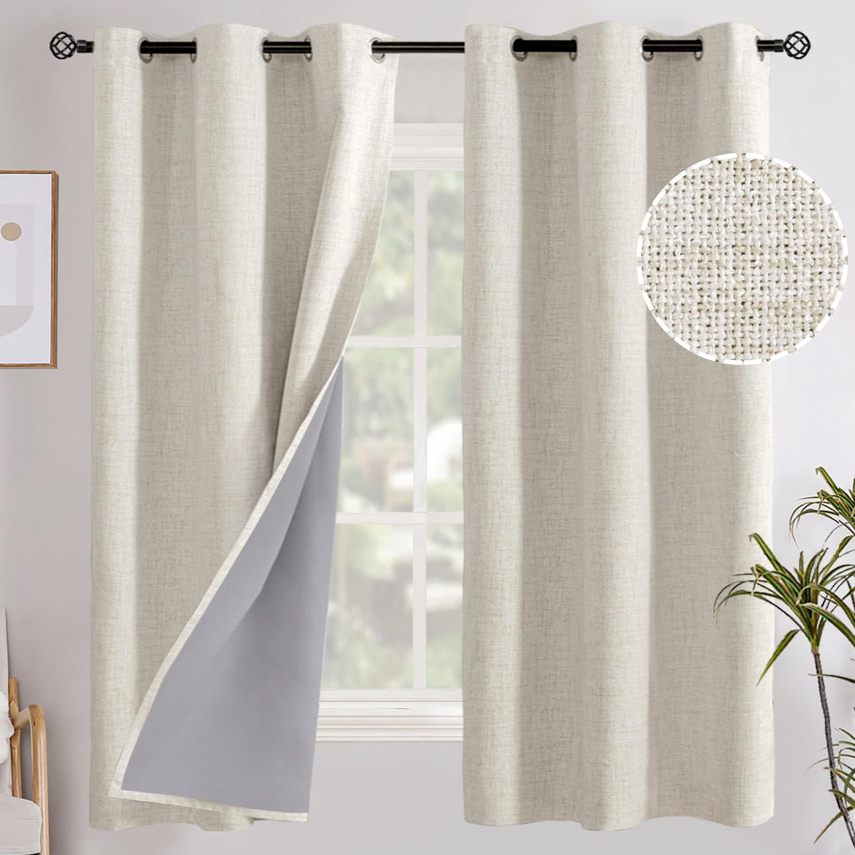 YoungsTex Linen Blackout Curtains 63 Inch Length Bedroom Beige Darkening