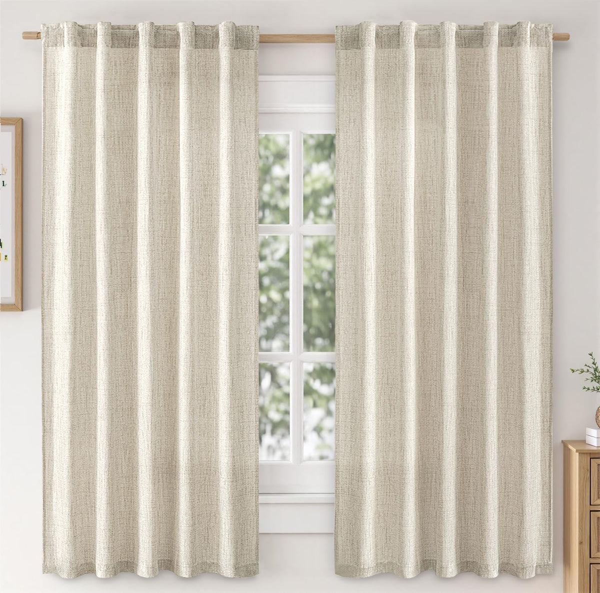 MIULEE Faux Linen Curtains 90 Inch Length 2 Panels Natural Semi Sheer Curtain with Back Tab Rod Pocket, Light Filtering Window Privacy Burlap Drapes for Living Room Bedroom 42W x 90L Linen