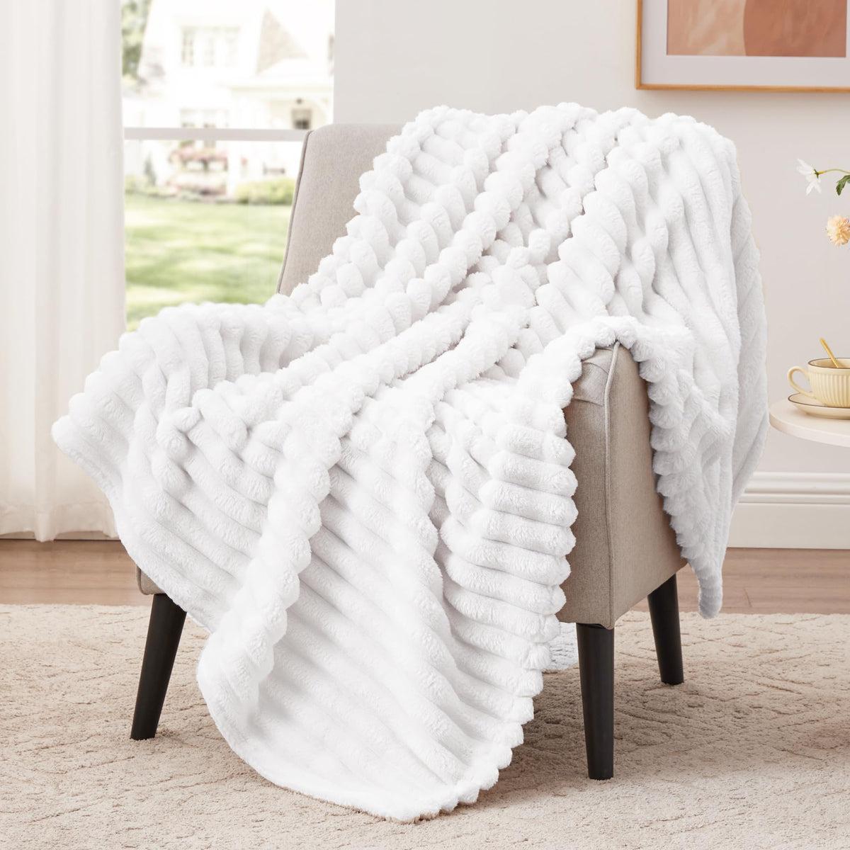 EXQ Home Stripe Jacquard Throw Blanket Light Purple for Couch Gentle Soft