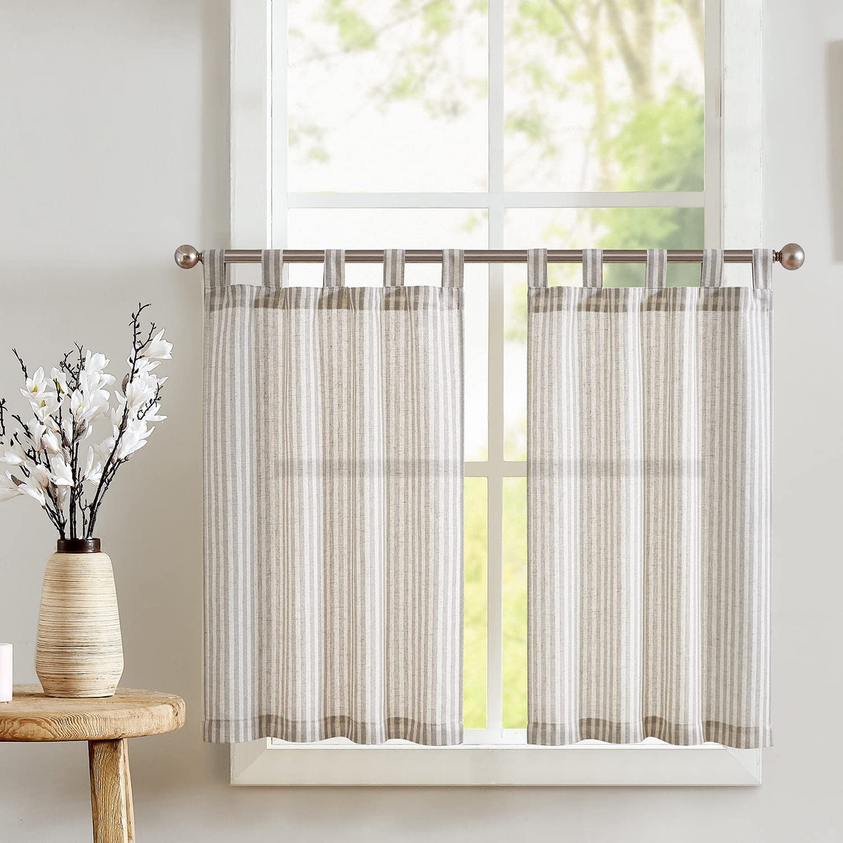 jinchan Striped Linen Kitchen Curtains 36 Inches Length Tier Curtains Farmhouse Modern Cafe Style Small Window Treatments Airy Light Filtering Rod Pocket for Living Room Bathroom 2 Panels Sage Green