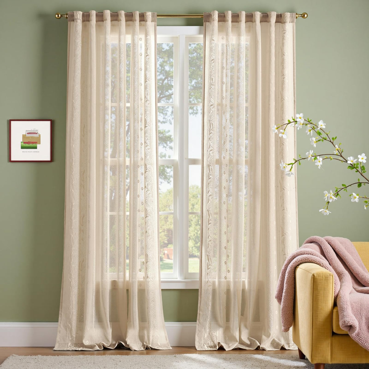 jinchan Sage Floral Linen Curtains for Living Room 84" Back Tab 2 Panels