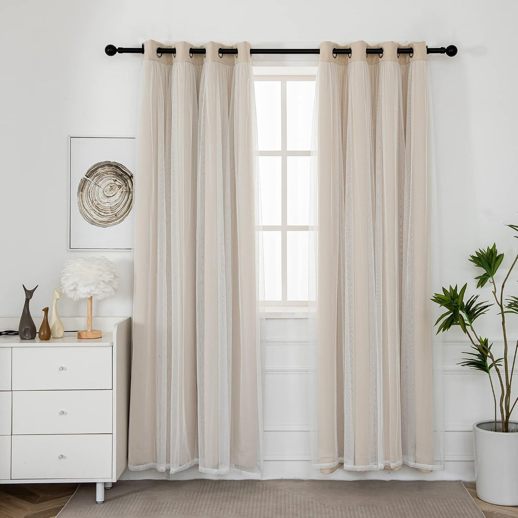 INLINAS Blackout Curtains with Sheer Overlay, Beige, 52x84 Inches